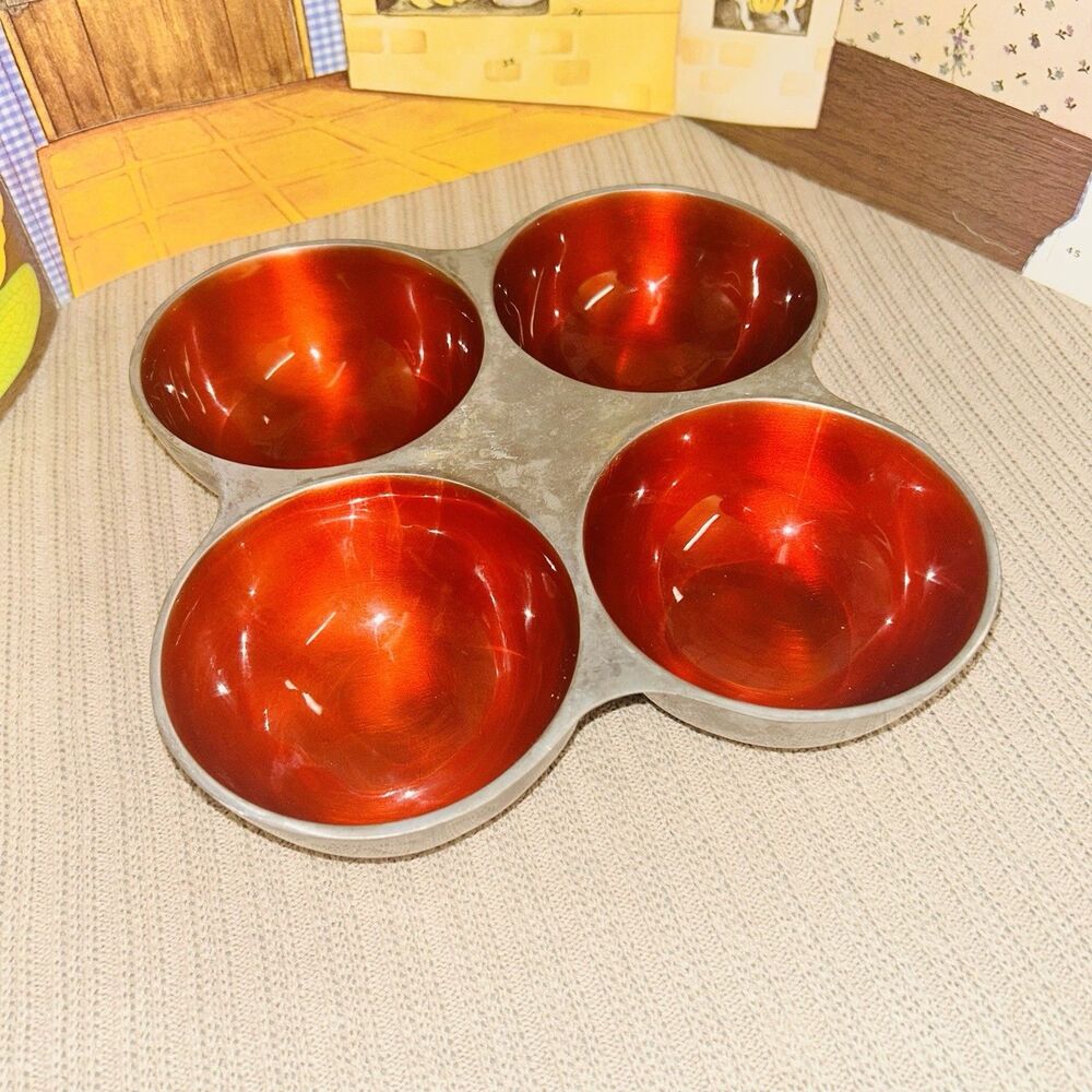 CB2 Modern Cast Aluminum Red Enamel Quad Server Snack Bowls Centerpiece Tray